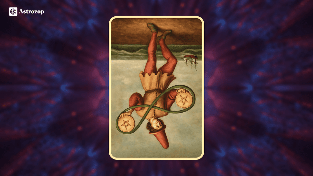 Reversed Two of Pentacles tarot card showing a figure struggling to juggle pentacles