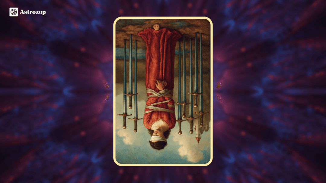 Reversed Eight of Swords tarot card showing a freed figure, blindfold slipping away