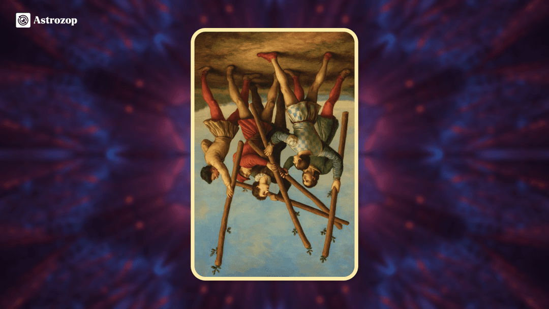 Reversed Five of Wands tarot card showing scattered figures lowering their wands