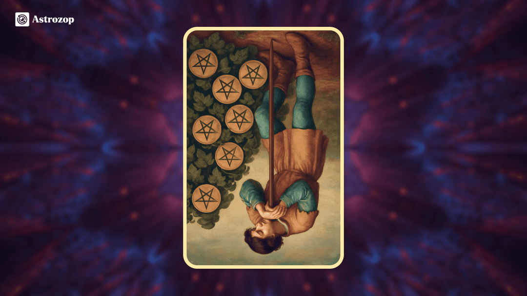 Reversed Seven of Pentacles tarot card showing a person looking frustrated